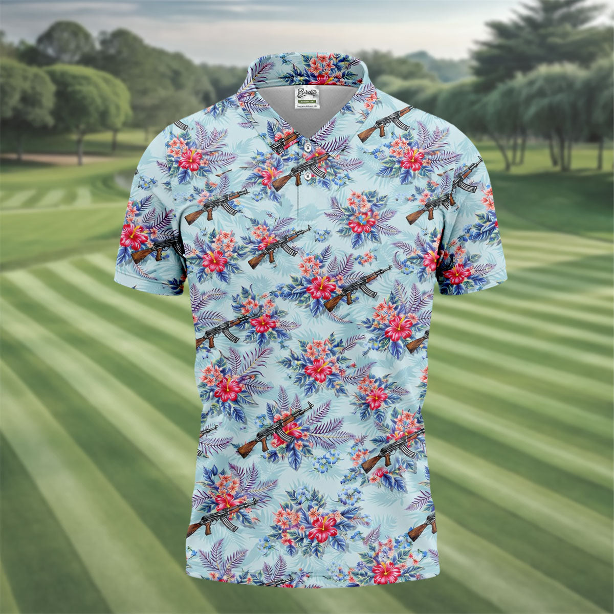 Hawaiian Floral Military Theme Light Blue Golf Shirt, Golf Shirts For Men, Polo ShirtFor Men