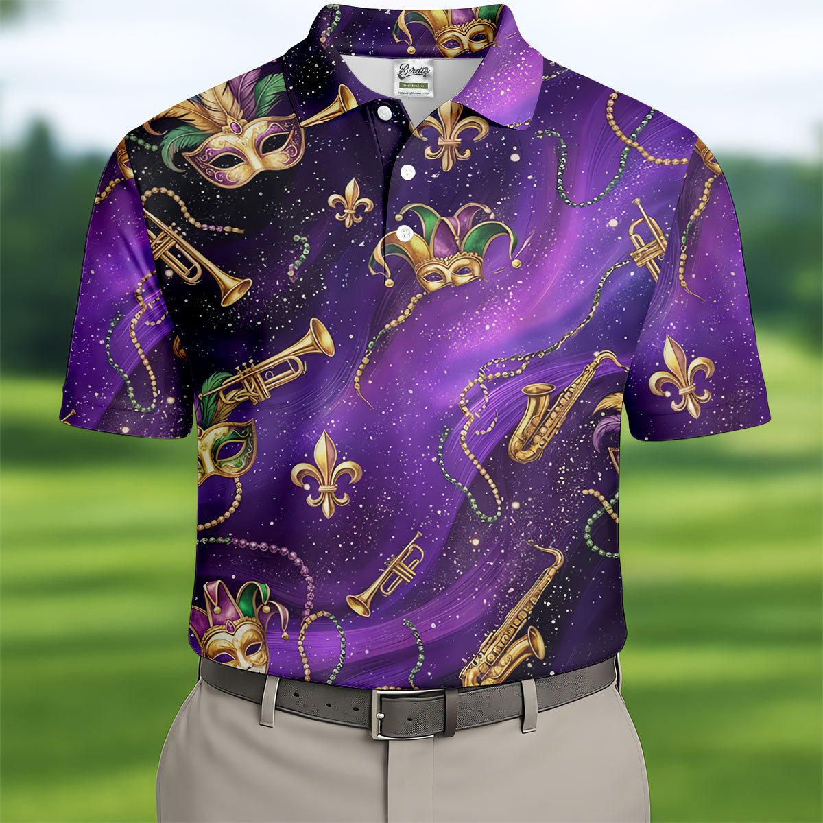 Golden Fleur De Lis Trumpet And Saxophone Mardi Gras Masquerade Mask Purple Golf Shirt, Golf Shirts For Men