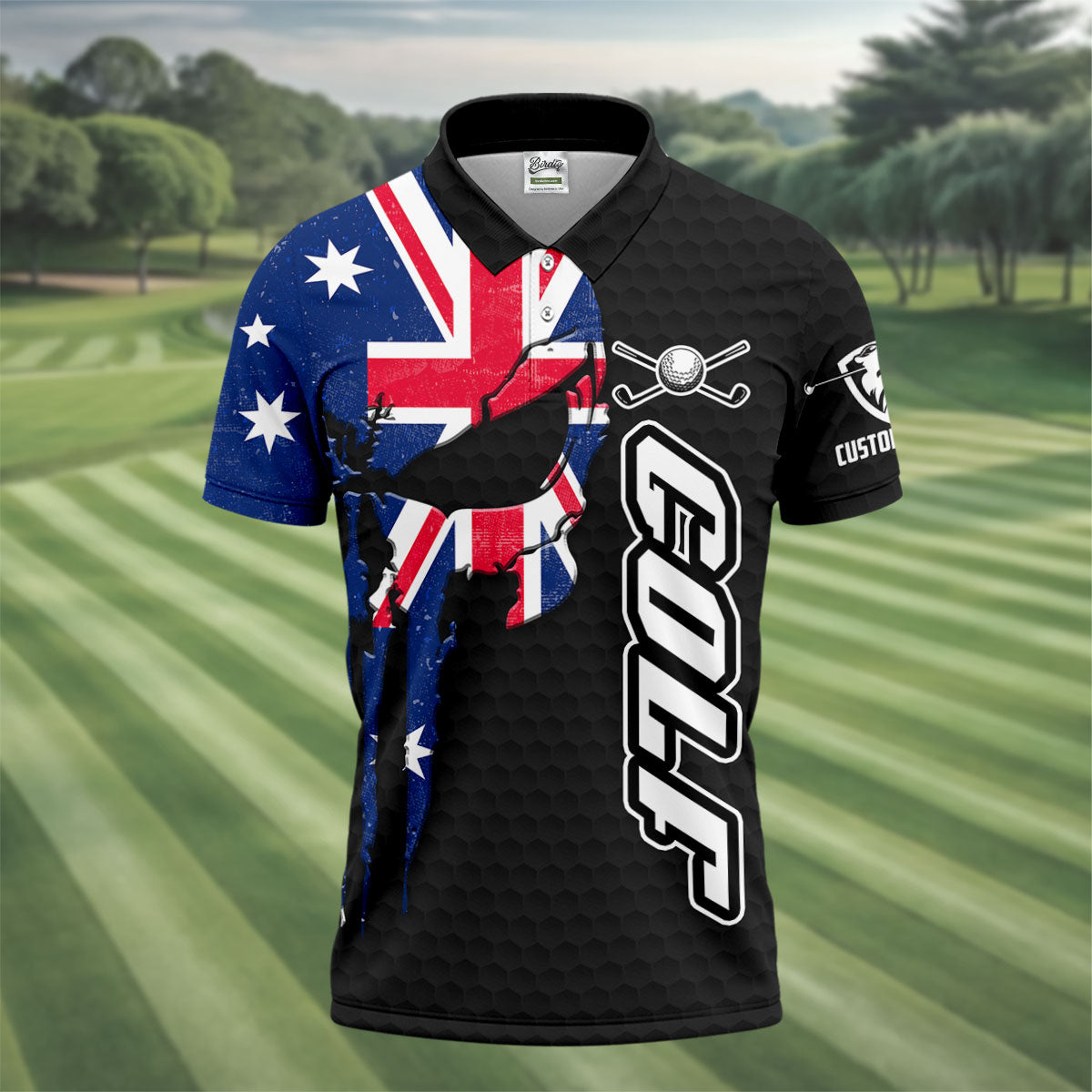 Cool Skull Golf Ball Pattern Australia Flag Print Black Golf Shirt, Polo Shirtor Men