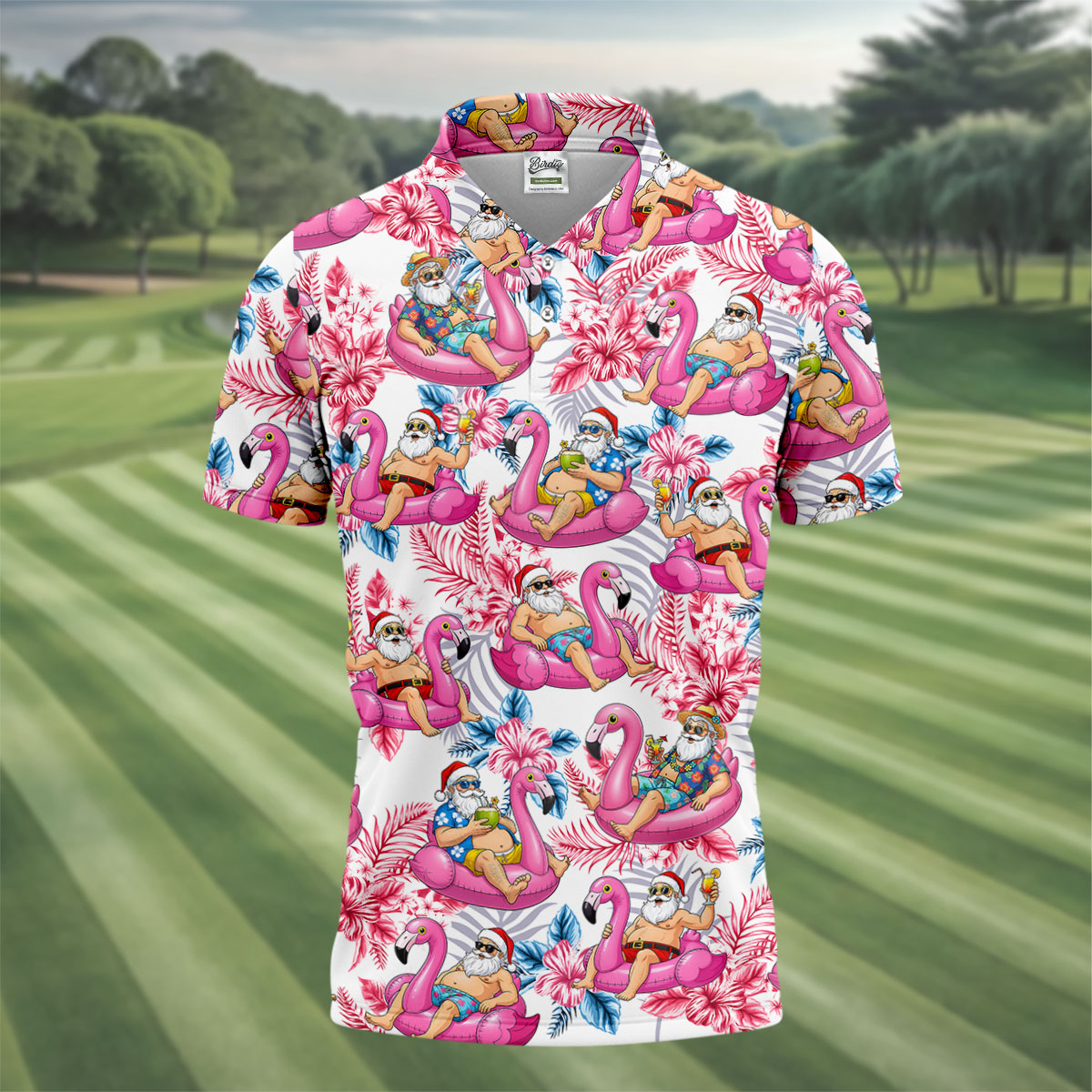Santa Flamingo Float Tropical Christmas Golf Shirt, Christmas Hawaiian Shirt, Christmas Golf Shirt