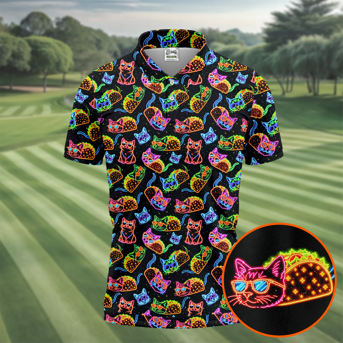Neon Cats Tropical Vibe Golf Tops For Men, Cute Golf Outfit, Golf Shirts For Men, Polo ShirtFor Men