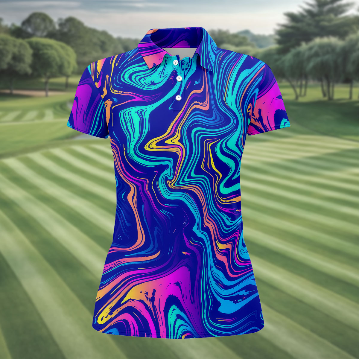 Vibrant Abstract Liquid Pattern Golf Shirt, Hawaiian Golf Shirt, Ladies Golf Tops, Performance Golf Shirt,