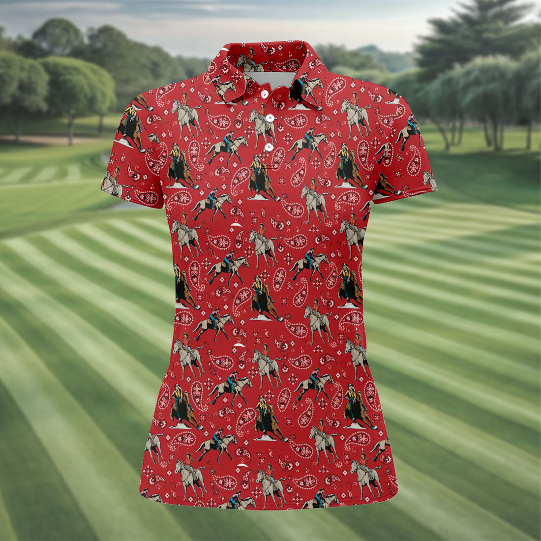 Red Cowboy Horse Paisley Pattern Golf Shirt, Ladies Golf Shirts, Women’s Golf Apparel