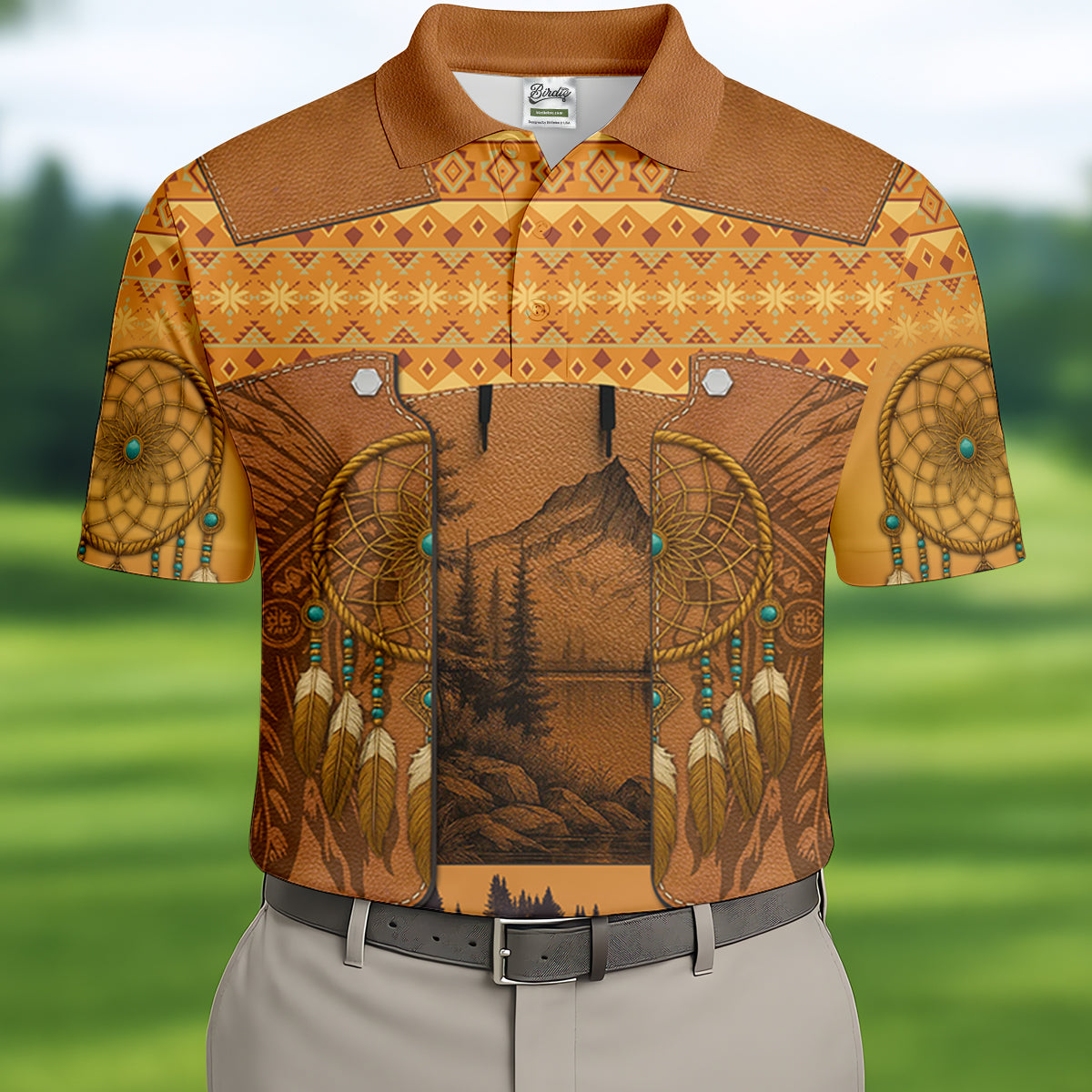 Golden Horizon Tribal Theme Golf Tops For Men, Native American Ancestry Polo ShirtFor Men, Indigenous Peoples Month