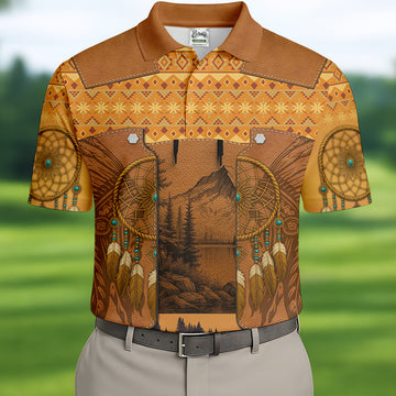 Golden Horizon Tribal Theme Golf Tops For Men, Native American Ancestry Polo ShirtFor Men, Indigenous Peoples Month
