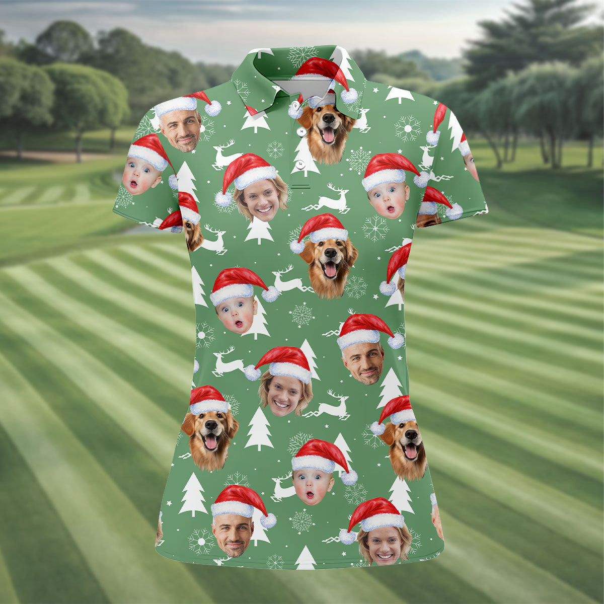 Custom Face Snow Reindeer Sage Green Golf Shirt, Christmas Golf Shirt, Ladies Golf Shirts, Golf Gifts For Women