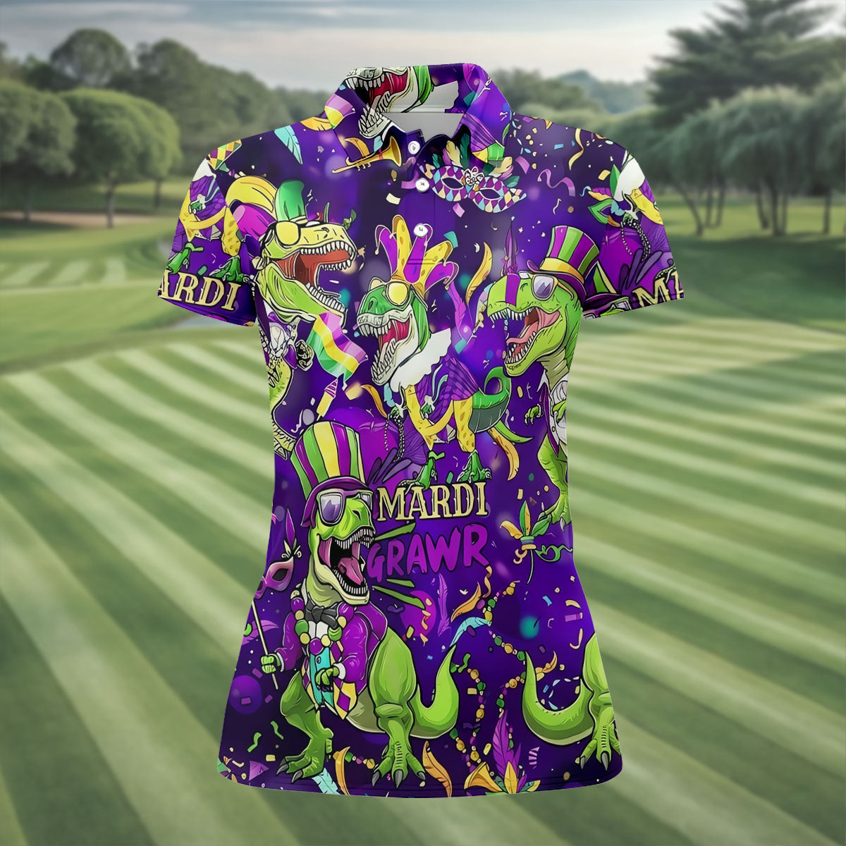 Mardi Grawr Purple Green Gold Funny Dinosaur Mardi Gras Golf Shirt, Women's Golf Tops, Ladies Golf Shirt