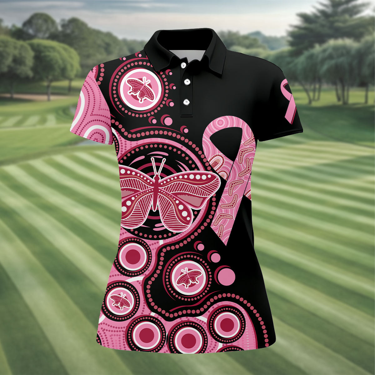 Breast Cancer Pink Butterfly Women Golf Top, Cancer Awareness Shirt, Ladies Golf Shirts