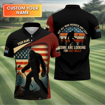 Bigfoot Golf Shirt, Patriotic Golf Polo Shirt Men's Long Seeve Golf Shirts, Golf Gifts For Men