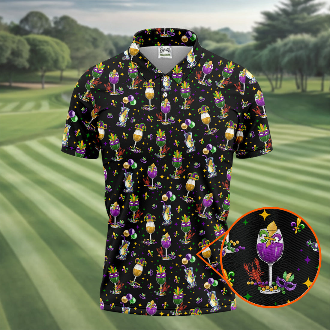 Mardi Gras Wine Glass Beaded Garland Fleur De Lis Black Golf Shirt, Polo ShirtFor Men, Golf Shirts For Men