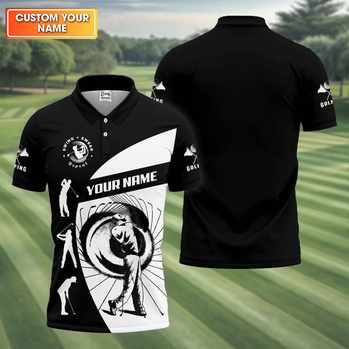 Swing Swear Repeat Custom Funny Golf Polo ShirtDad Golf Gifts