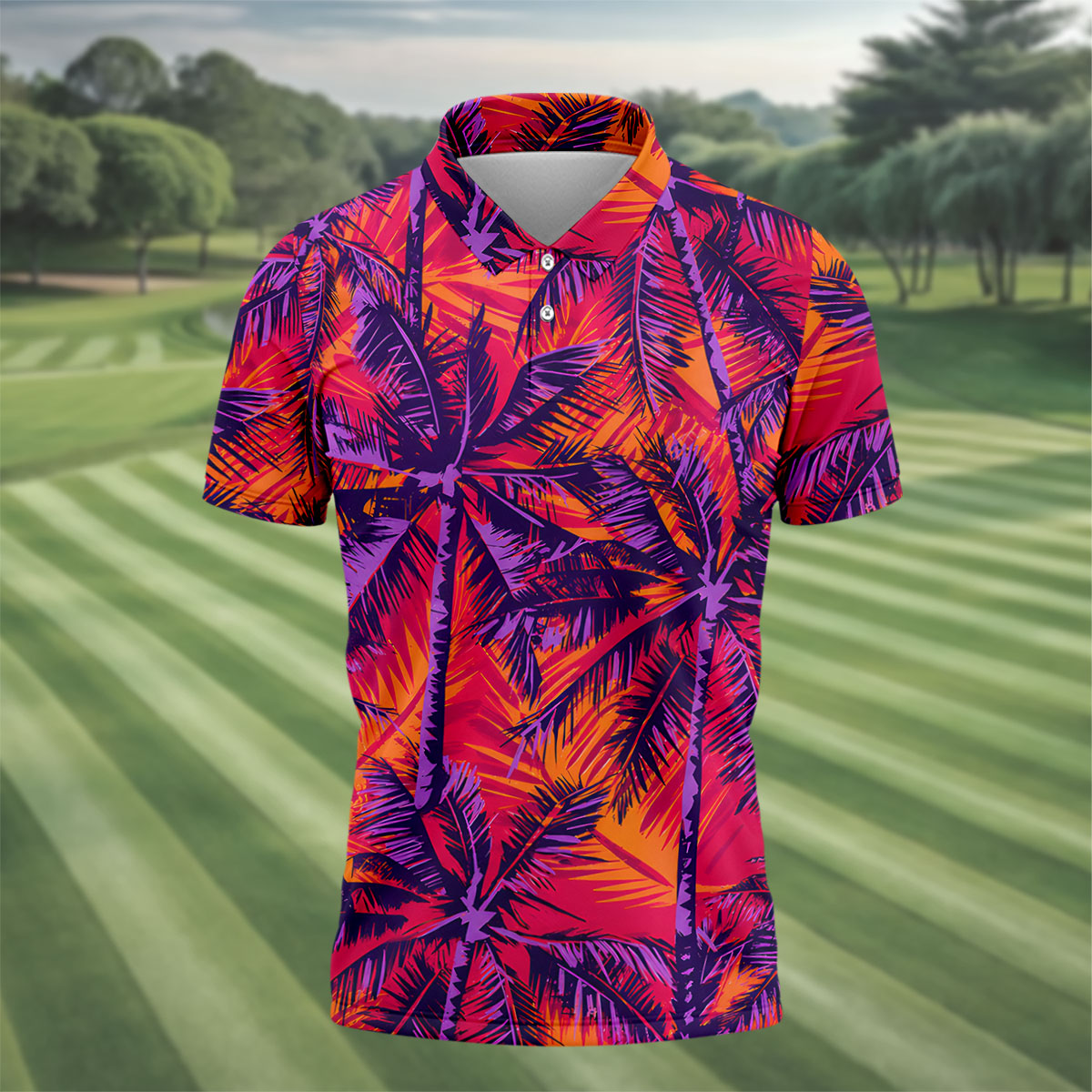 Purple Palm Tree Tropical Island Golf Shirt, Mens Golf Polo, Printed Golf Shirts