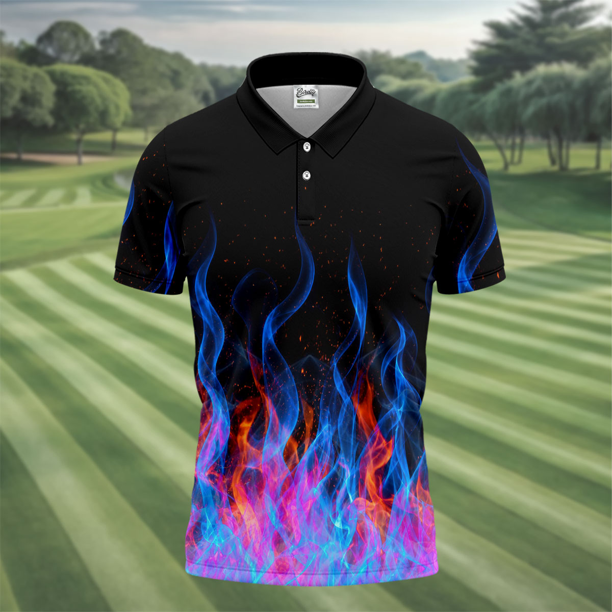 Black Blue Flame Fire Pattern Golf Shirt, Men's Golf Shirt, Mens Polo Shirts, Printed Golf Shirts
