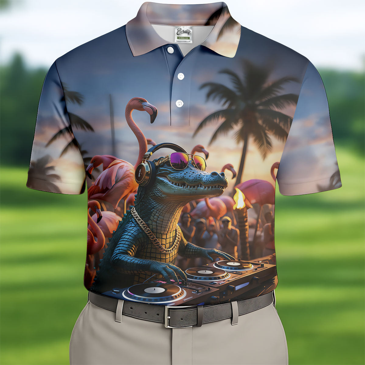 Funny Crocodile DJ Mardi Gras Festival Flamingo Golf Shirt, Polo ShirtFor Men, Golf Shirts For Men