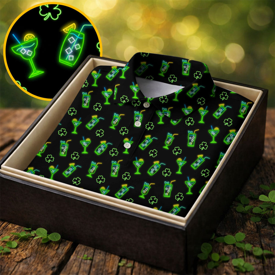 Neon Green Cocktails Three Leaf Clover St Patrick's Day Golf Shirt, Golf Gift For Men, Golf Shirts For Men