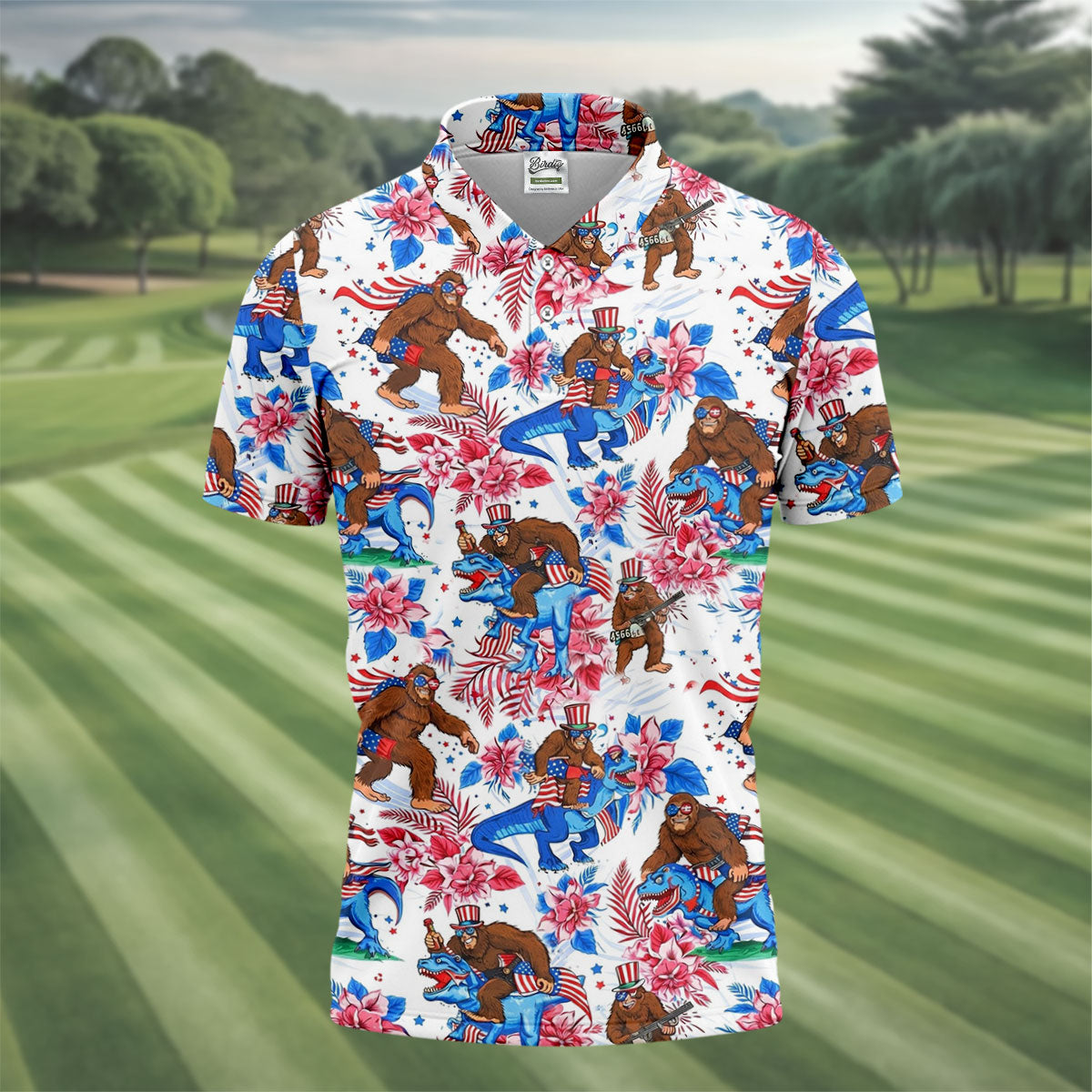 American Flag Patriotic Pride Funny Bigfoot Hawaiian Golf Shirt, 250th Anniversary Golf Shirts For Men
