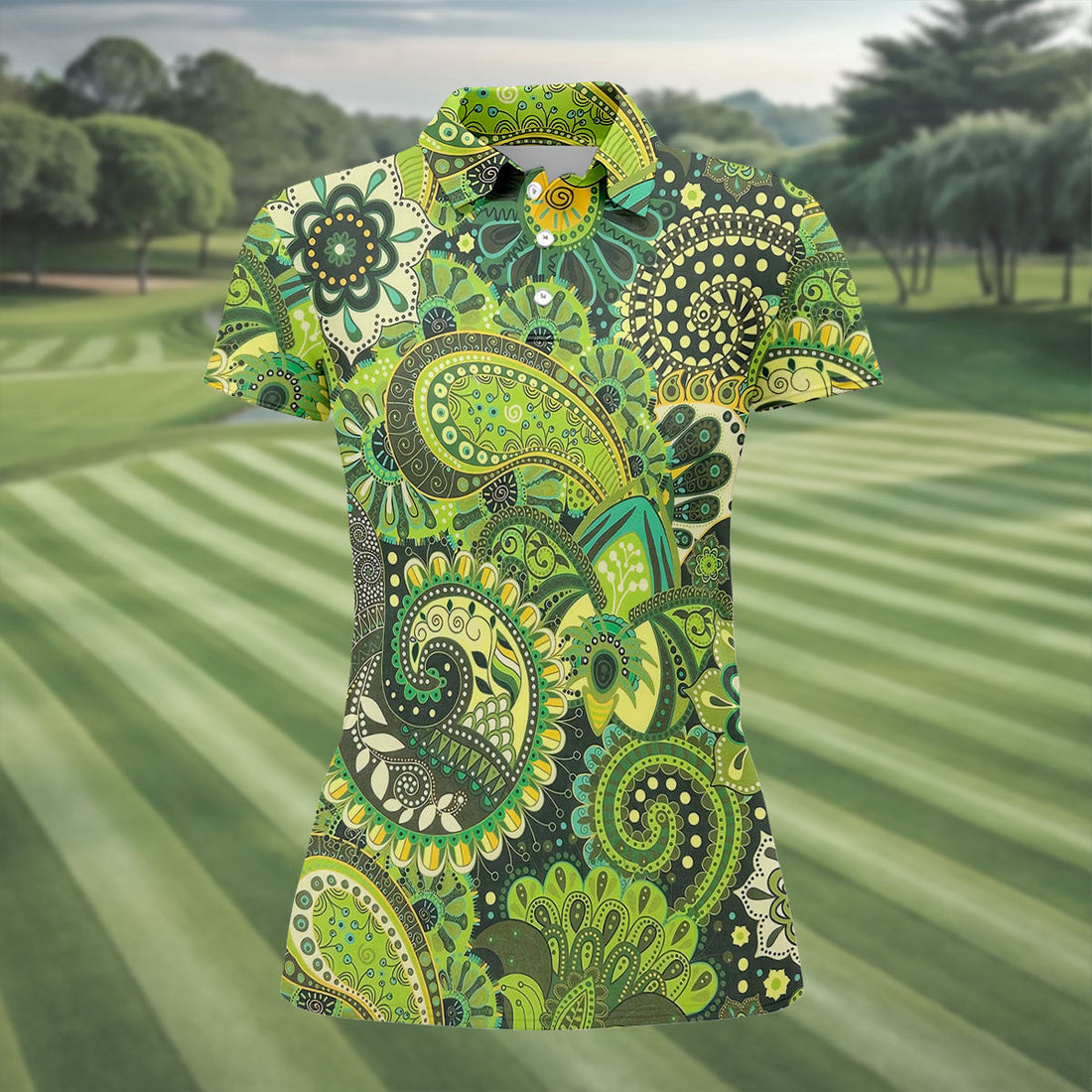 Paisley Print Green Golf Shirt, Ladies Golf Shirts, Golf Shirt For Women, Ladies Golf Polos