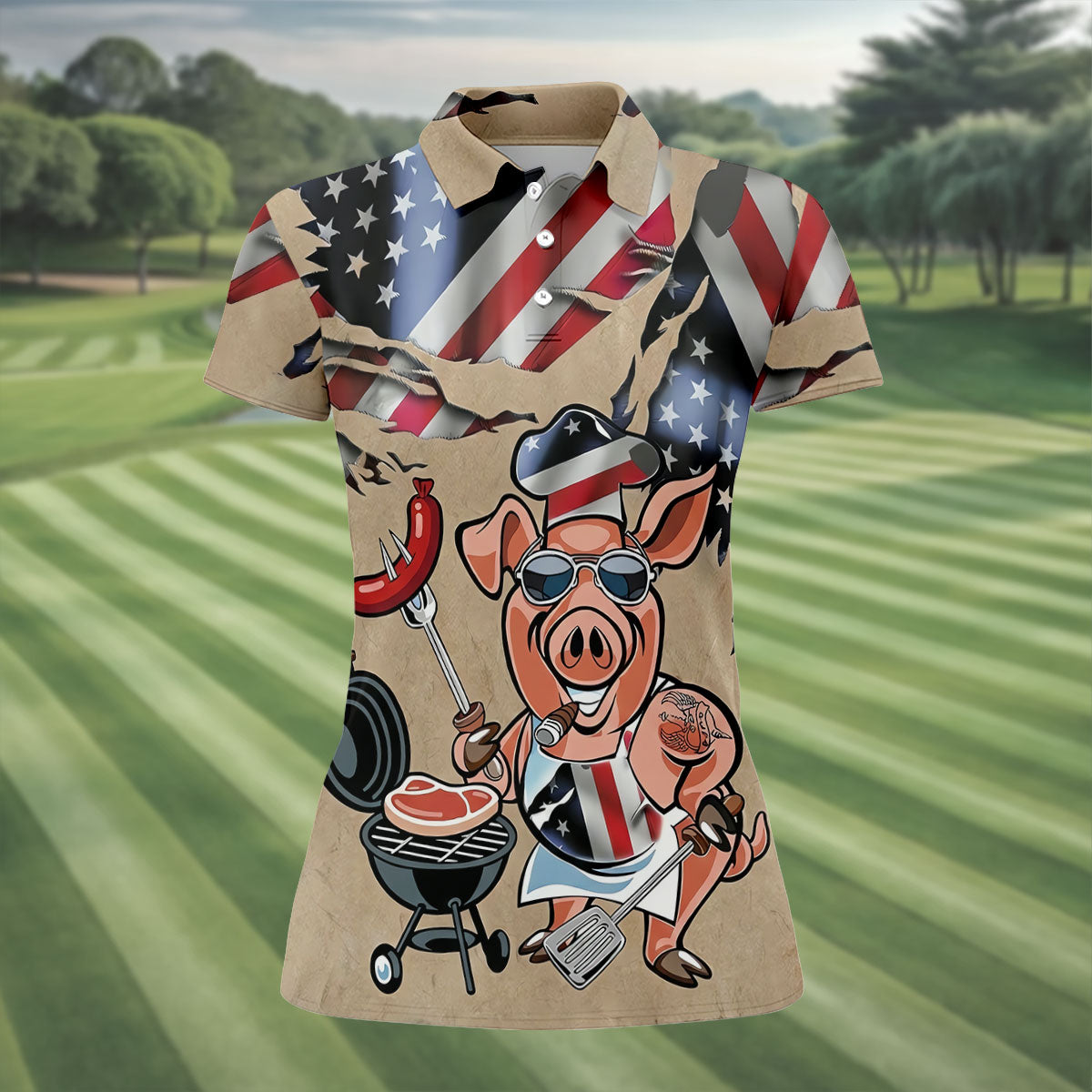Patriotic American Flag Funny BBQ 250th Anniversary Dark Beige Women's Polo Shirt, Ladies Golf Shirts