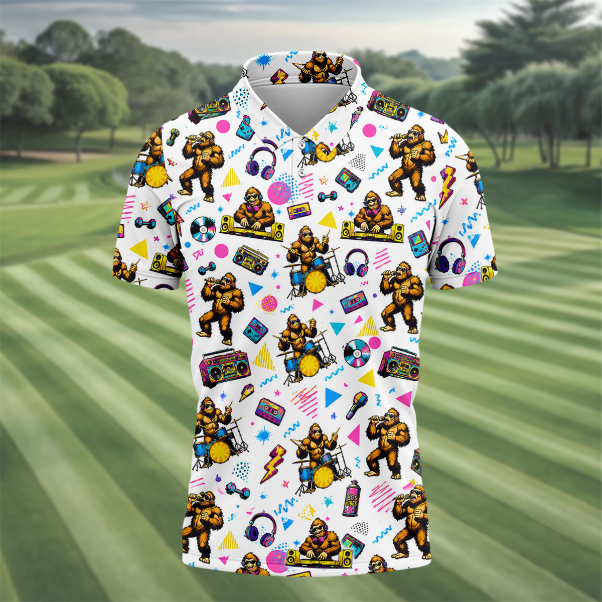 Bigfoot Party Memphis Pattern Retro Golf Shirt, Hawaiian Golf Shirt, Polo Shirtor Men