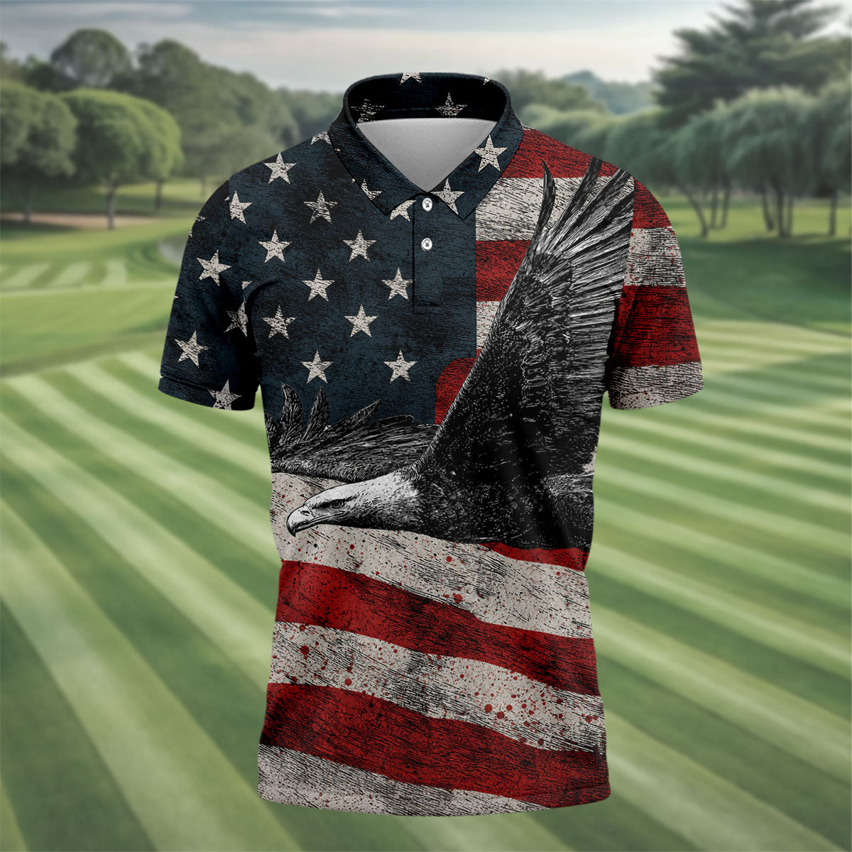 Distressed US Flag And Bald Eagle Patriotic Golf Shirt, 4th Of July 250 Years American Pride Golf Shirts For Men