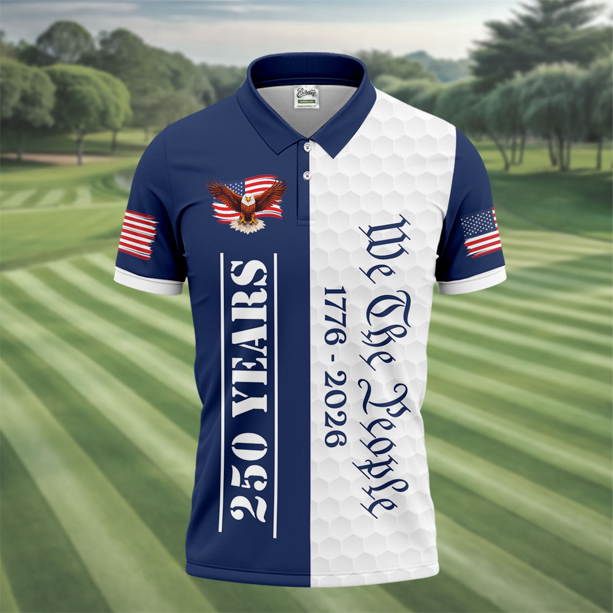 We The People Bald Eagle US Flag Golf Ball Pattern 250 Years Patriotic 4th Of July Golf Shirts For Men
