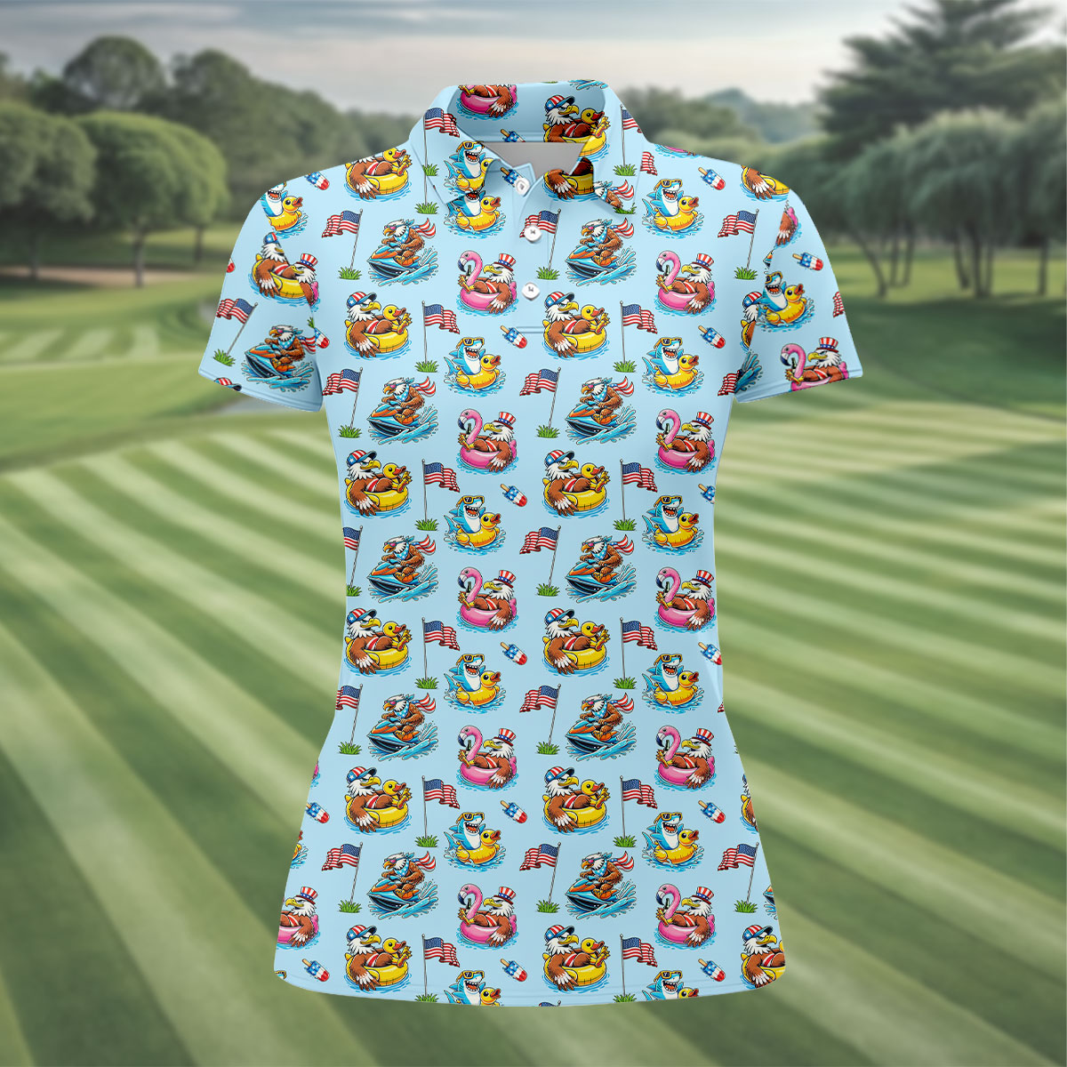 Eagle Shark Summer Theme Patriotic Party 4th Of July Golf Shirt, 250th Anniversary Golf Shirt For Women
