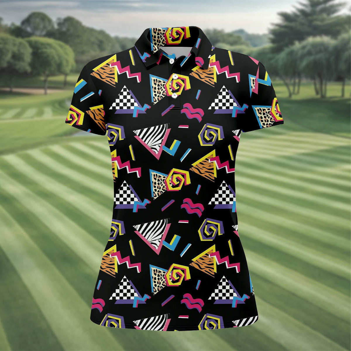 Abstract Geometric Leopard Zebra Animal Stripes 80s 90s Style Ladies Golf Tops, Golf Shirt For Women