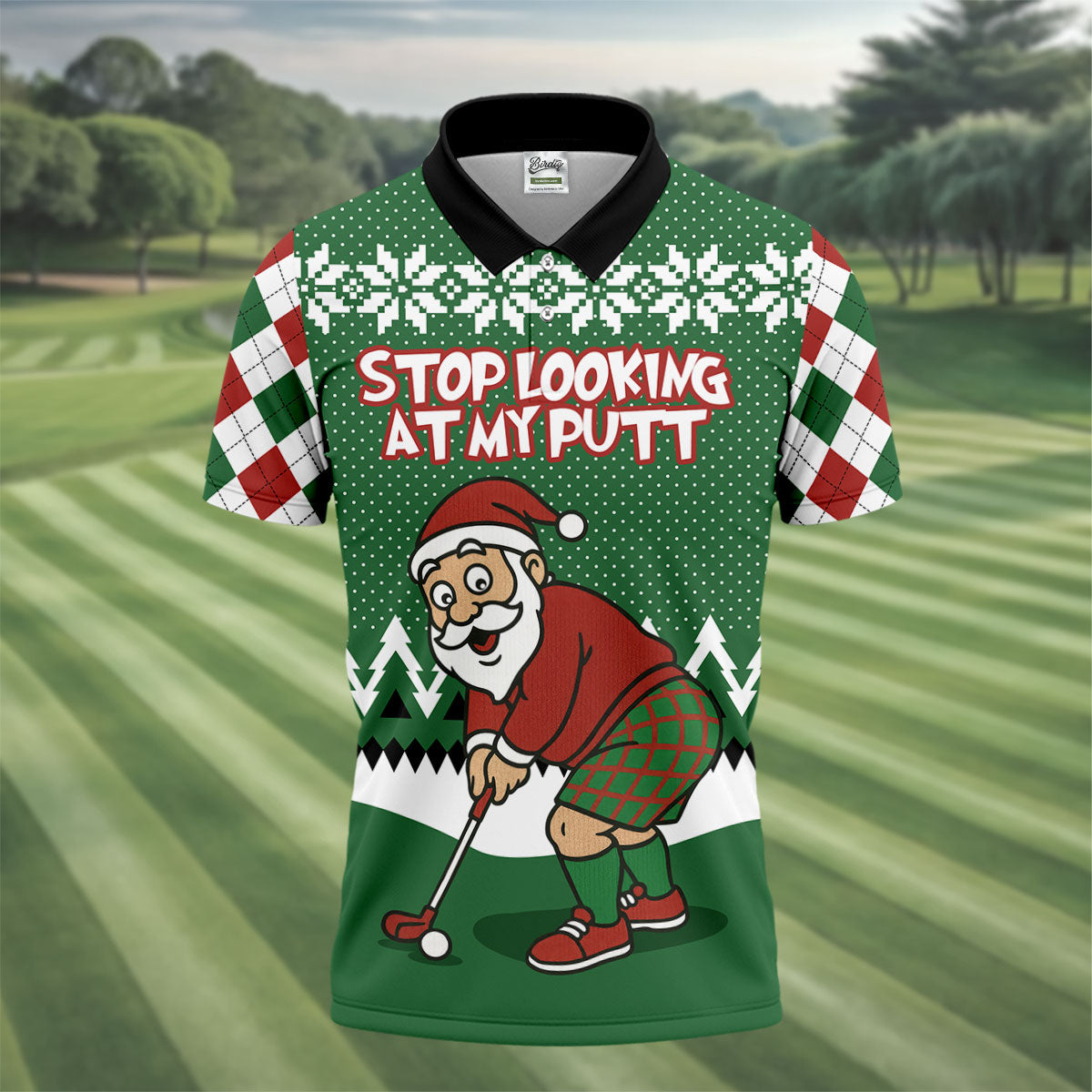 Stop Looking At My Putt Funny Santa Claus Argyle Golf Shirt, Christmas Golf Shirt, Polo ShirtFor Men