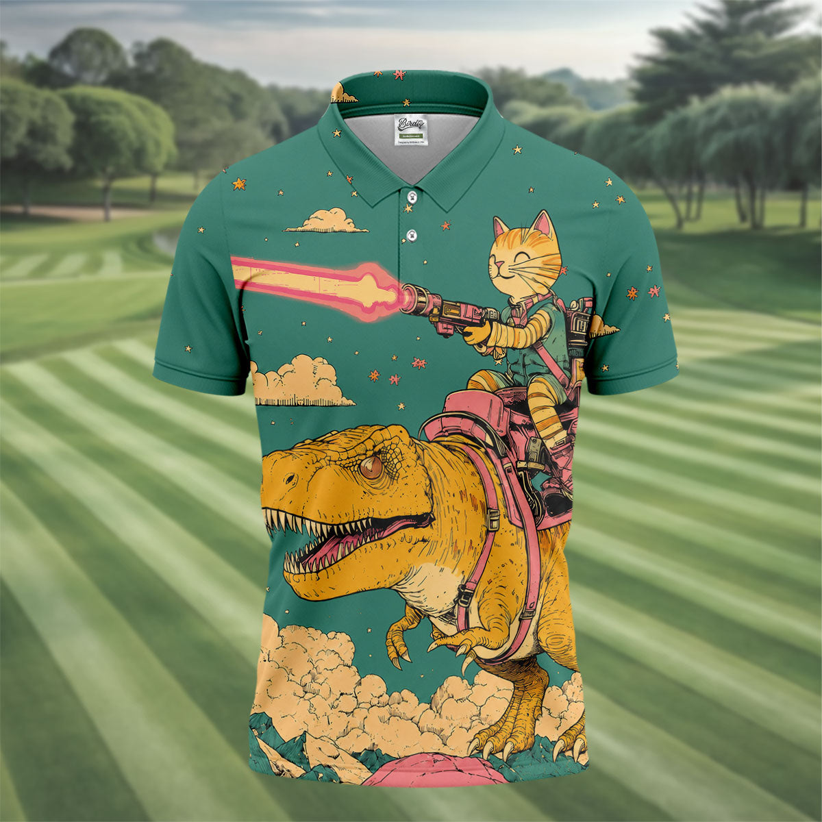 Laser Cat Dinosaur Golf Shirt, Retro Sci Fi T Rex Adventure Pattern, Golf Shirt For Men