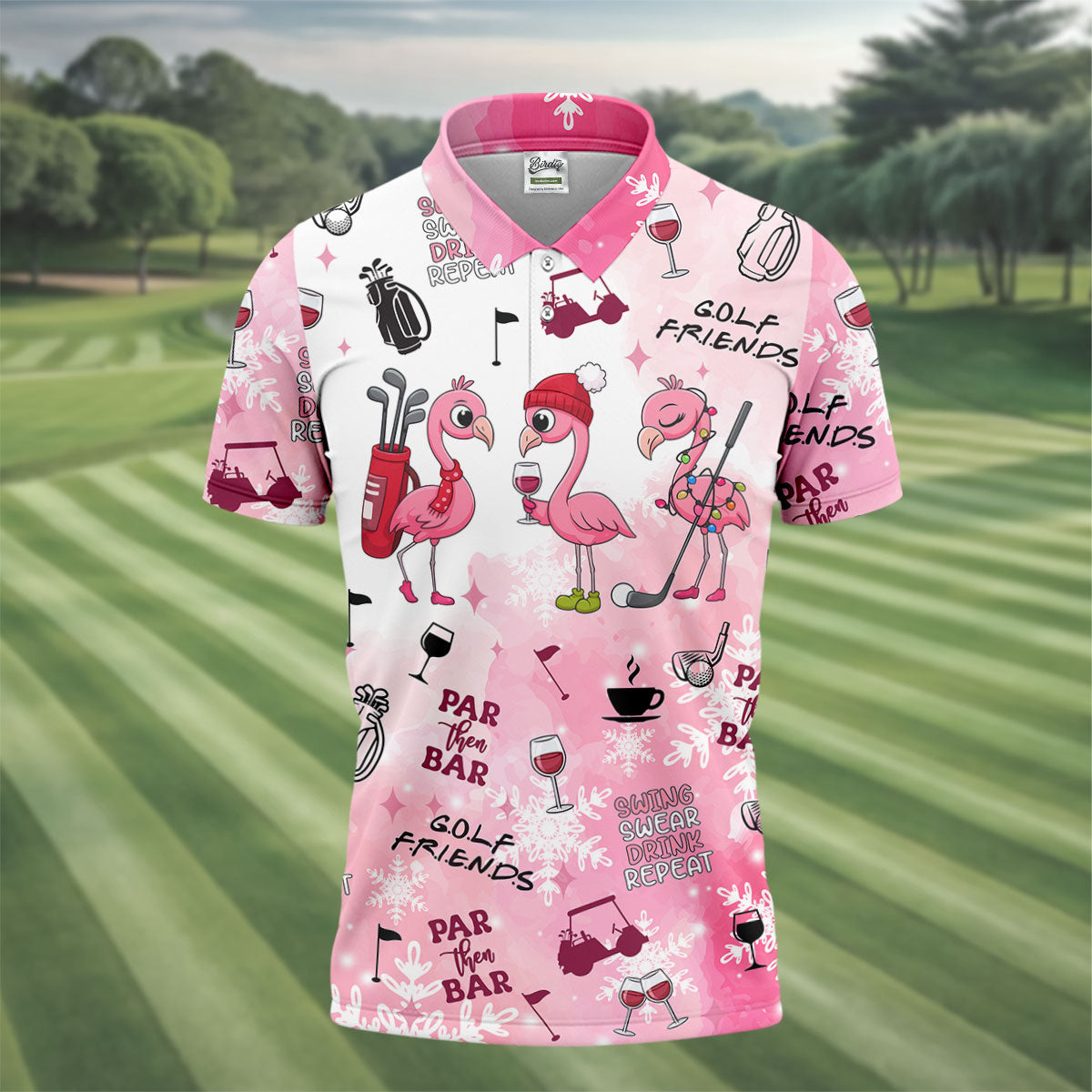 Golf Friends Par Then Bar Flamingo Christmas Golf Shirt, Golf Tops For Men, Pink Golf Polo, Golf Gift For Men