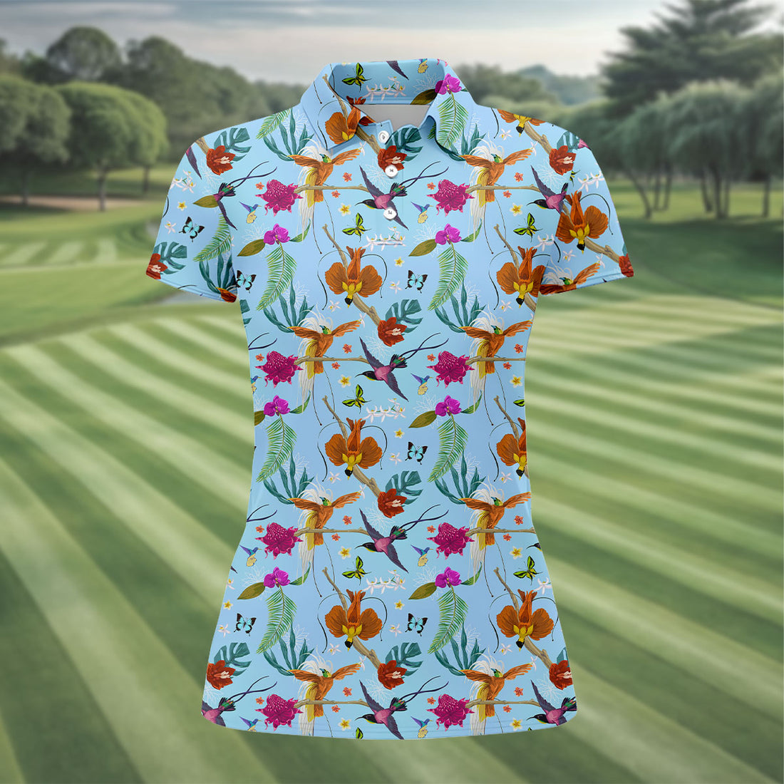 Hummingbird Paradise Golf Shirt, Tropical Flower Garden Pattern, Golf Shirt For Women