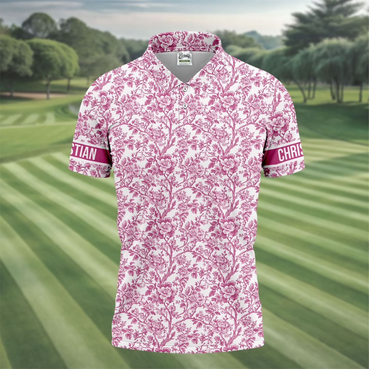Toile De Jouy Pink Golf Shirt, Golf Tops For Men, Polo ShirtFor Men, Golf Gift For Men, Golf Shirts For Men