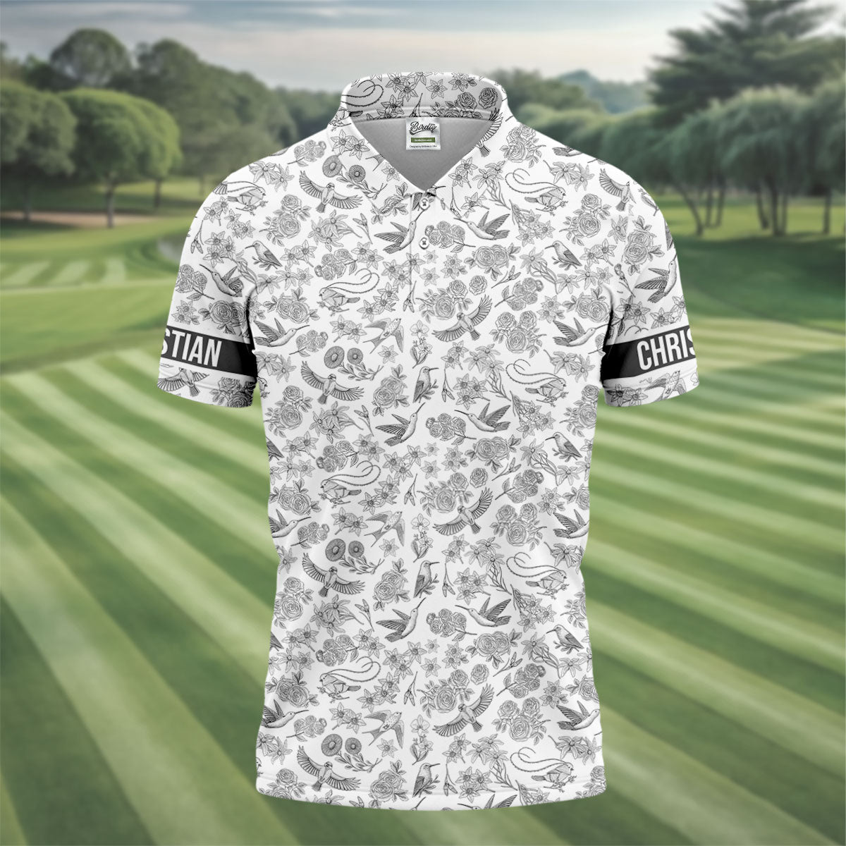 Custom Name Toile de Jouy Birds And Flowers Grey And White Polo ShirtFor Men, Golf Gift For Men