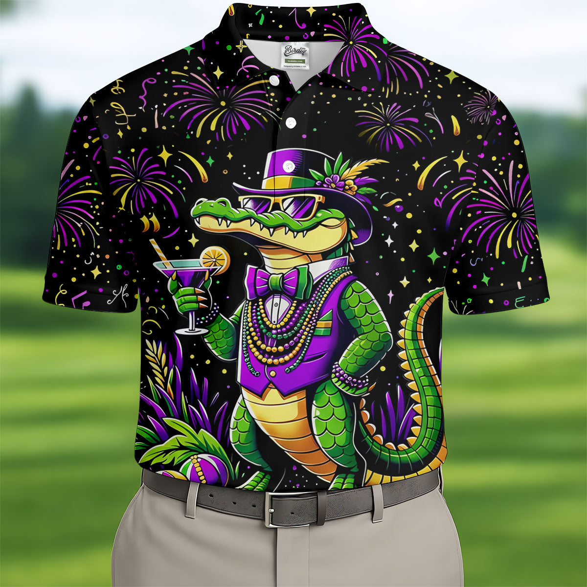 Mardi Gras Aligator Purple Green Gold Confetti Star Golf Tops For Men, Polo ShirtFor Men, Golf Shirts For Men