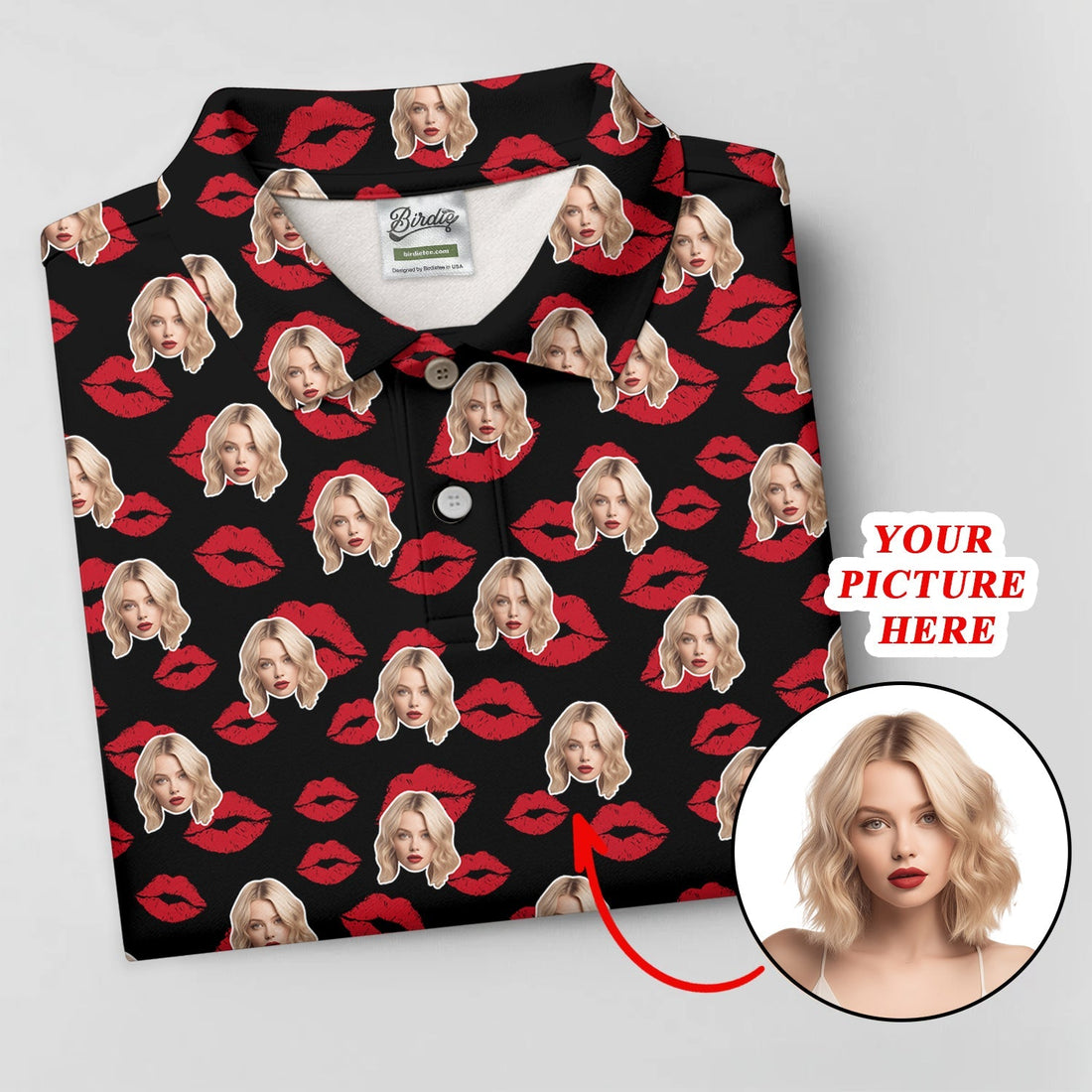 Kiss Lipstick Mark Custom Photo Golf Tops For Men, Valentines Golf Gift, Polo ShirtFor Men