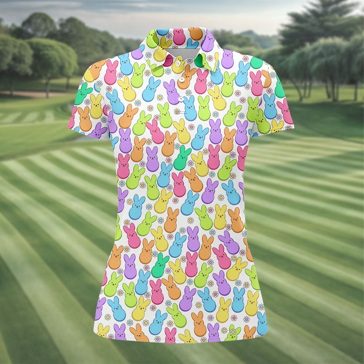 Pastel Easter Peeps Daisy Pattern Women Golf Top, Cute Golf Outfit, Ladies Golf Shirts
