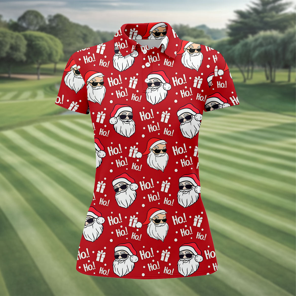 Santa Claus Pattern Christmas Red Fun Women's Golf Shirts, Christmas Golf Shirt, Ladies Golf Shirts