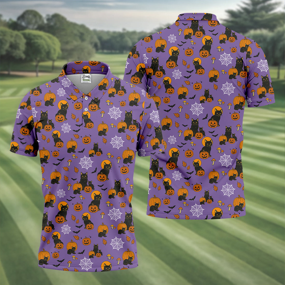 Halloween Cat Pumpkin Purple Golf Shirt, Golf Hoodie, Golf Gift For Men, Golfing Apparel