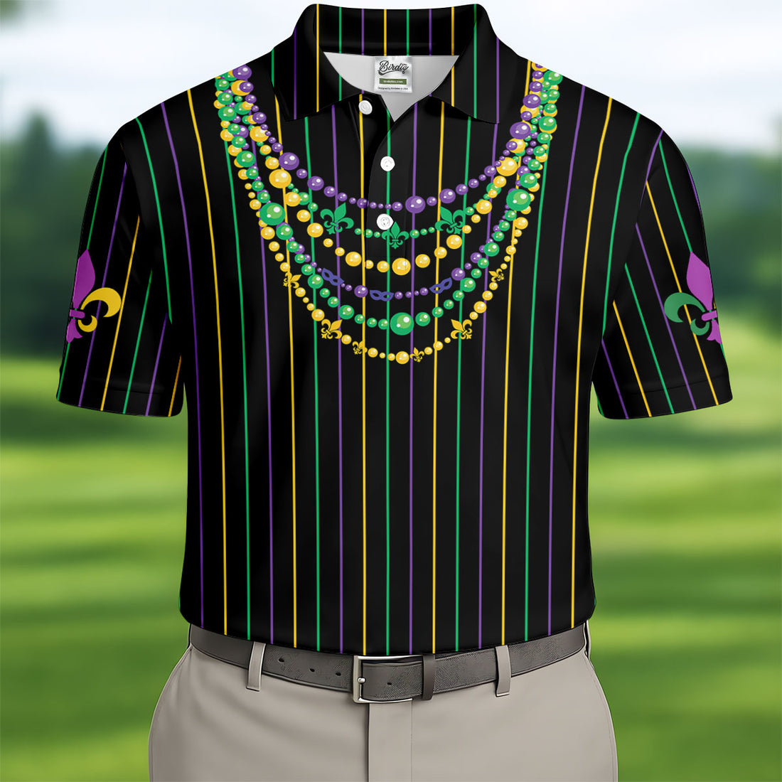 Mardi Gras Beads Necklaces Print Black Golf Shirt, Golf Tops For Men, Polo ShirtFor Men, Golf Shirts For Men