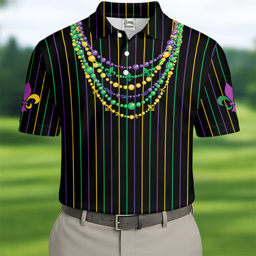 Mardi Gras Beads Necklaces Print Black Golf Shirt, Golf Tops For Men, Polo ShirtFor Men, Golf Shirts For Men