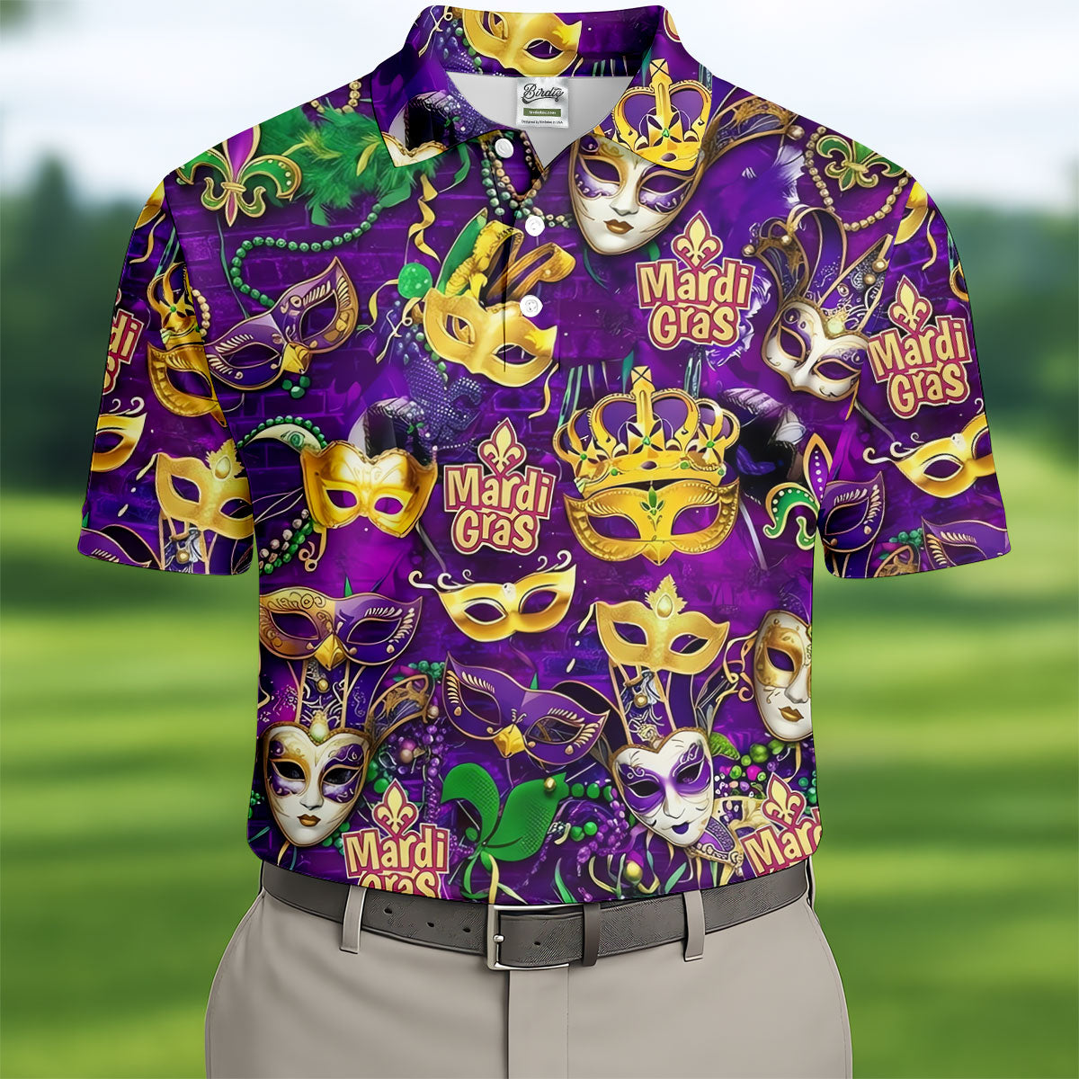 Purple Green Gold Festival Mask Mardi Gras Golf Shirt, Golf Tops For Men, Golf Shirts For Men