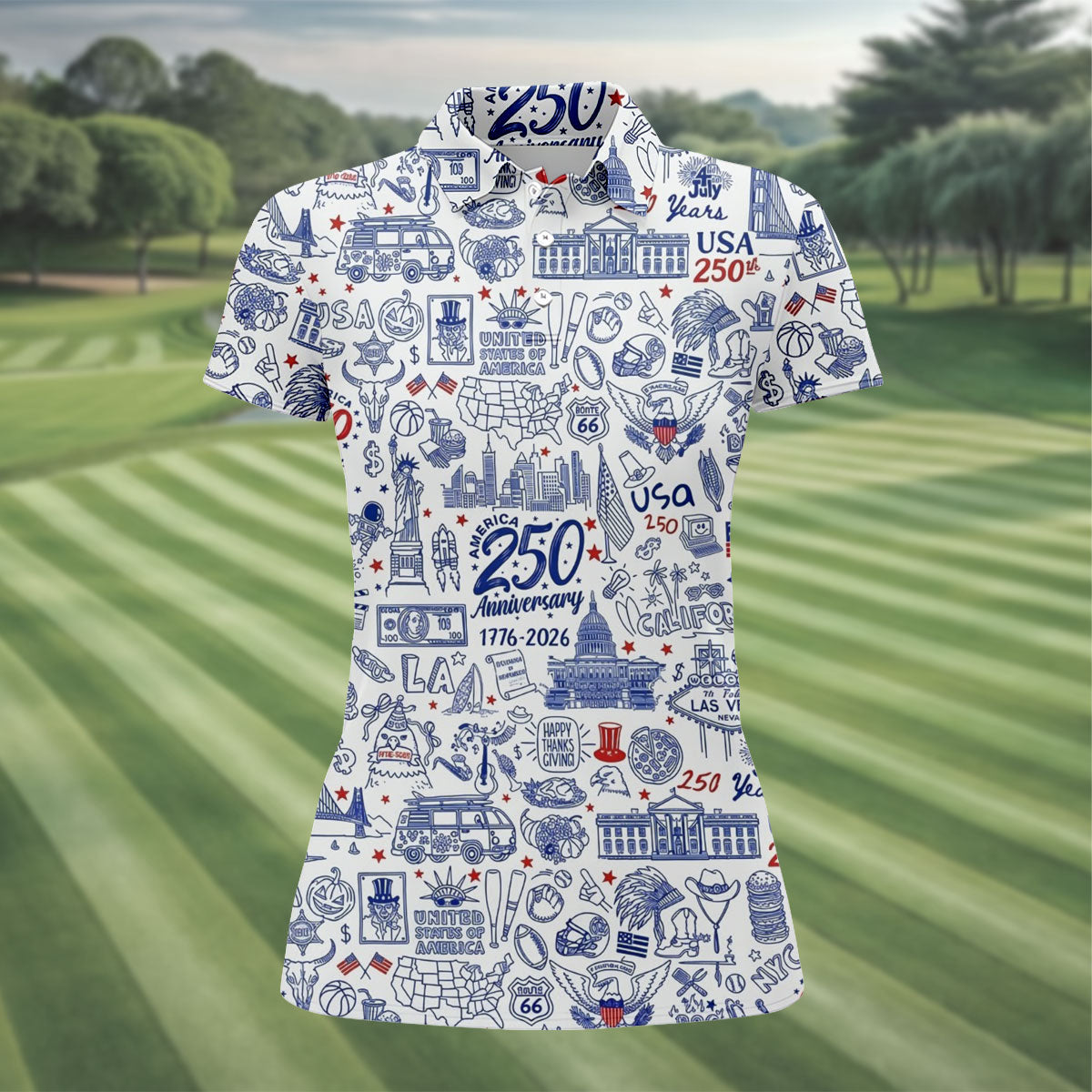 America 250 Anniversary US Symbols Doodle Pattern Patriotic Golf Shirt, 4th Of July Golf Shirt For Women