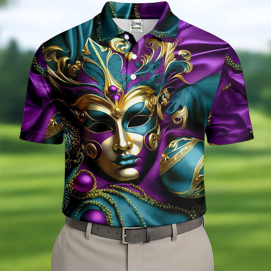 Mardi Gras Face Mask Turquoise Golf Shirt, Polo ShirtFor Men, Golf Shirts For Men, Polo For Men