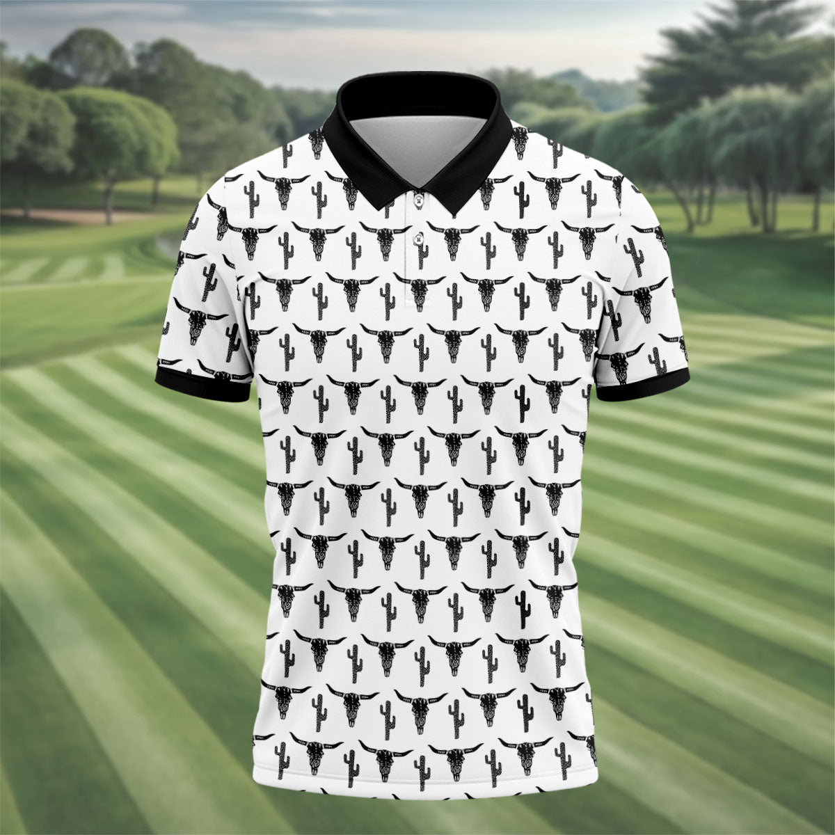 Longhorn Cow Skull Western Theme White Golf Tops For Men, Polo Shirtor Men, Golf Shirts For Men