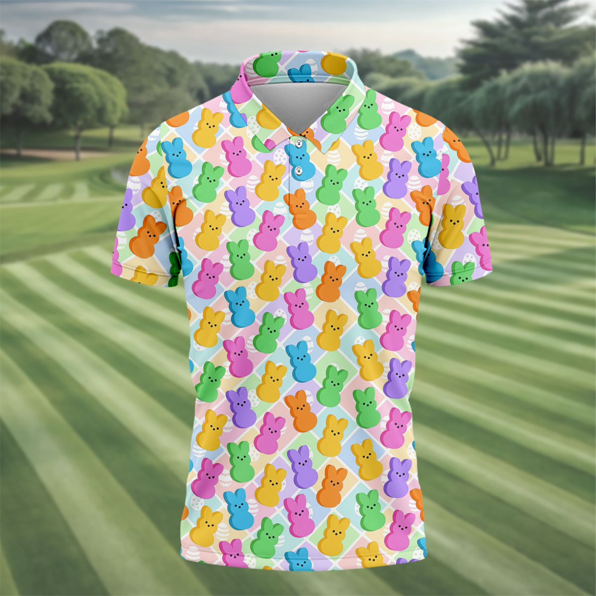 Pastel Easter Peeps Colorful Checkered Golf Shirts For Men, Cute Golf Outfit, Polo ShirtFor Men