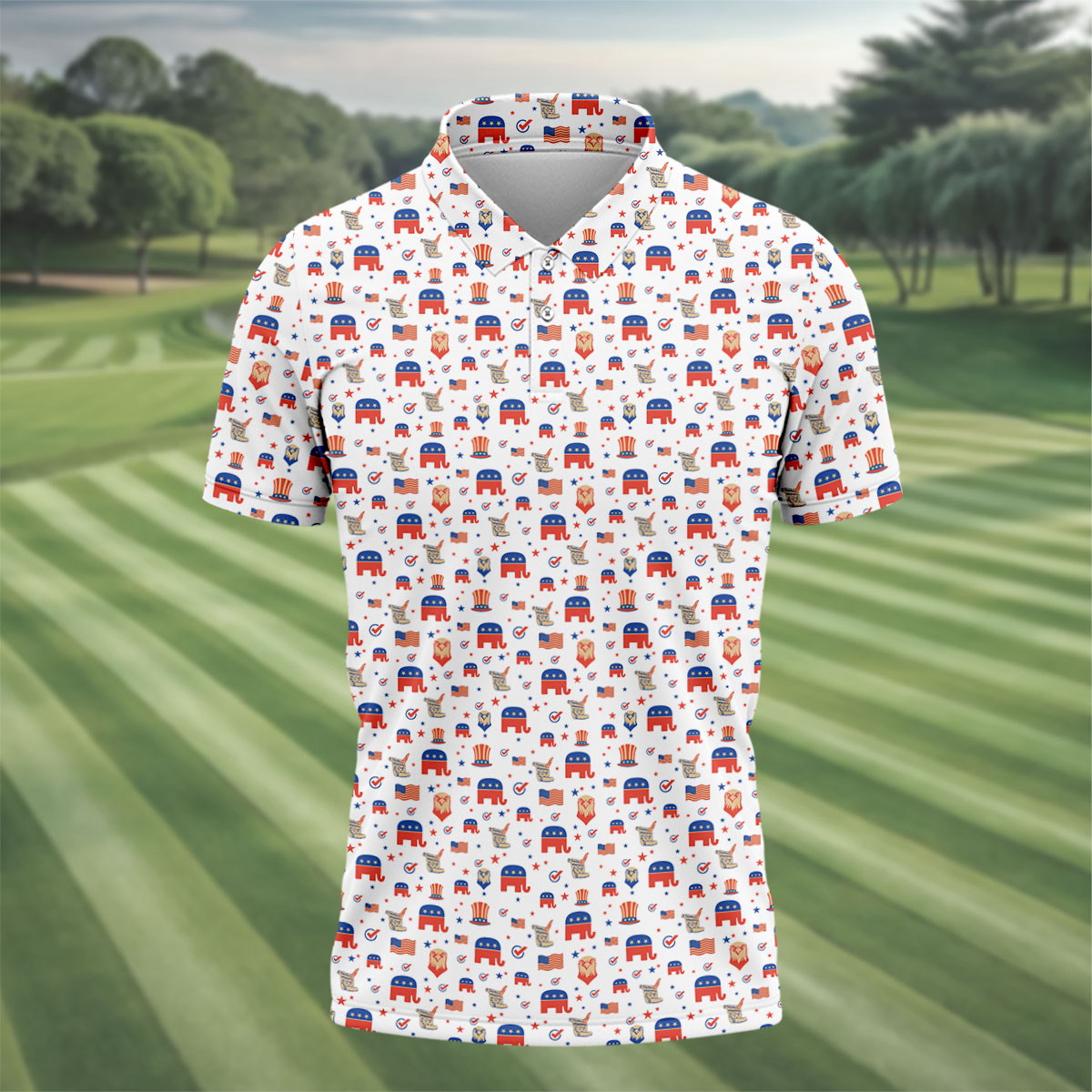 US Bald Eagle Political Elephant 250th Anniversary White Golf Shirt, Patriotic 4th Of July Golf Shirts For Men