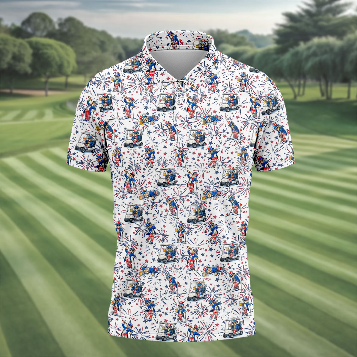 Patriotic Theme Golf And Beer Funny 4th Of July Golf Shirt, 250 Years Seamless Pattern Golf Shirts For Men