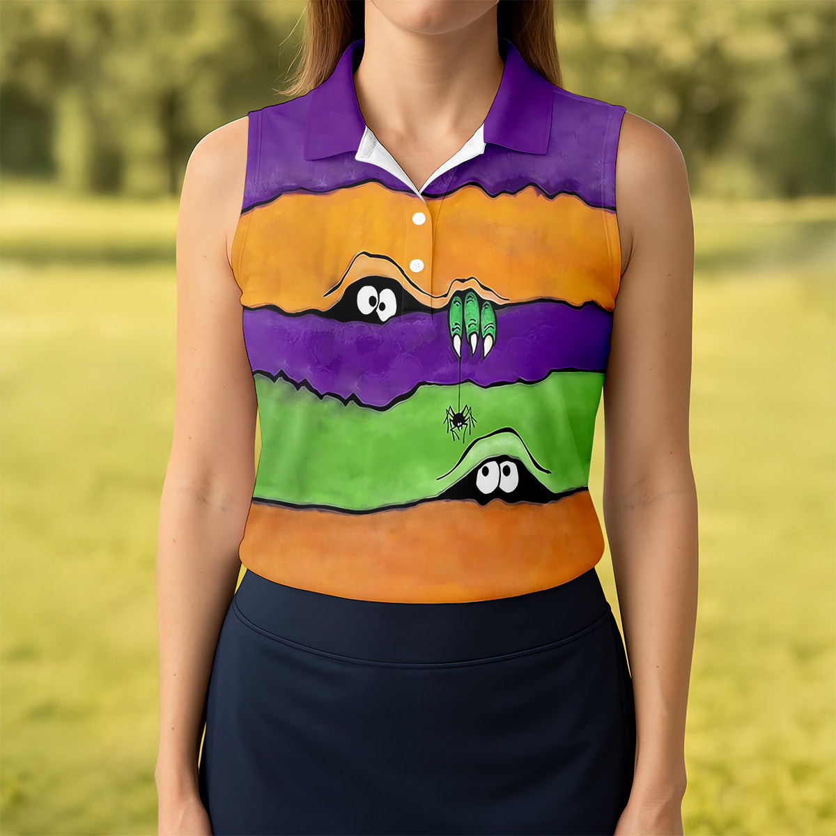 Funny Halloween Peeping Eyes Ladies Golf Polos, Women's Golf Tops, Halloween Golf Shirt