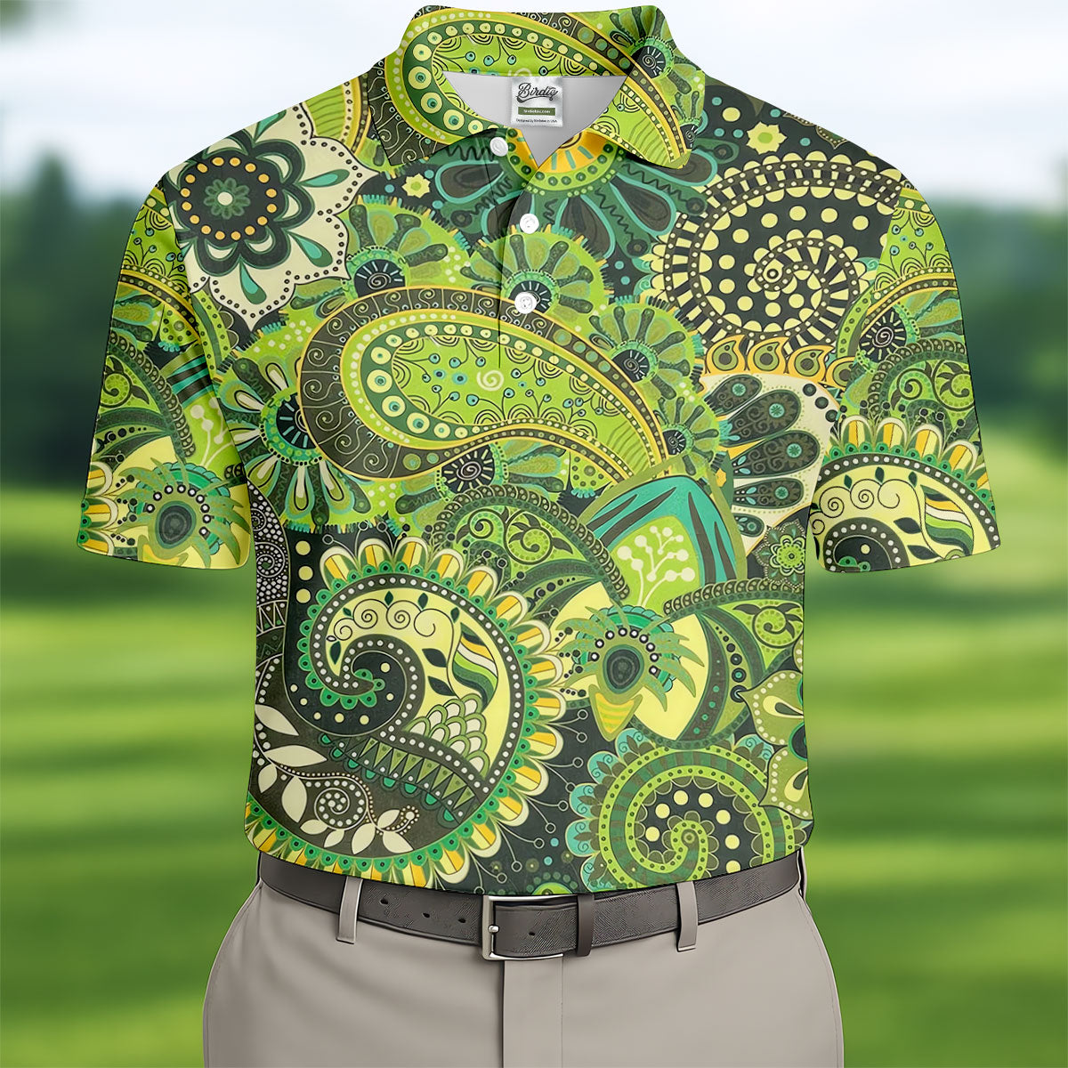 Paisley Print Green Golf Shirt, Golf Tops For Men, Polo ShirtFor Men, Golf Shirts For Men