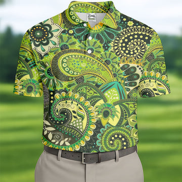 Paisley Print Green Golf Shirt, Golf Tops For Men, Polo ShirtFor Men, Golf Shirts For Men
